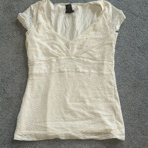 Lace Cap Sleeve V-Neck Women's Top in Cream Y2K